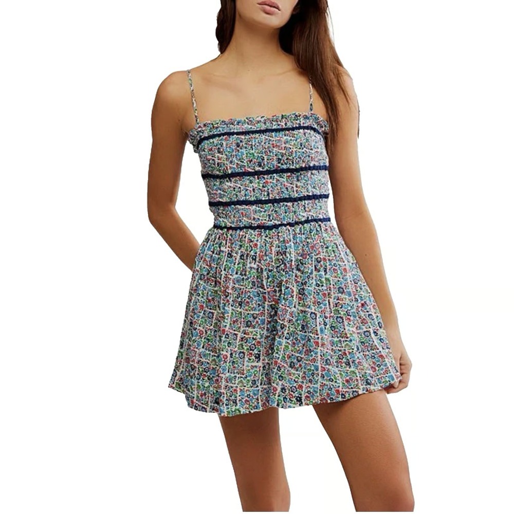 Free People Women Bali Checked Out Blue Printed Floral Romper Sz XS Summer Boho